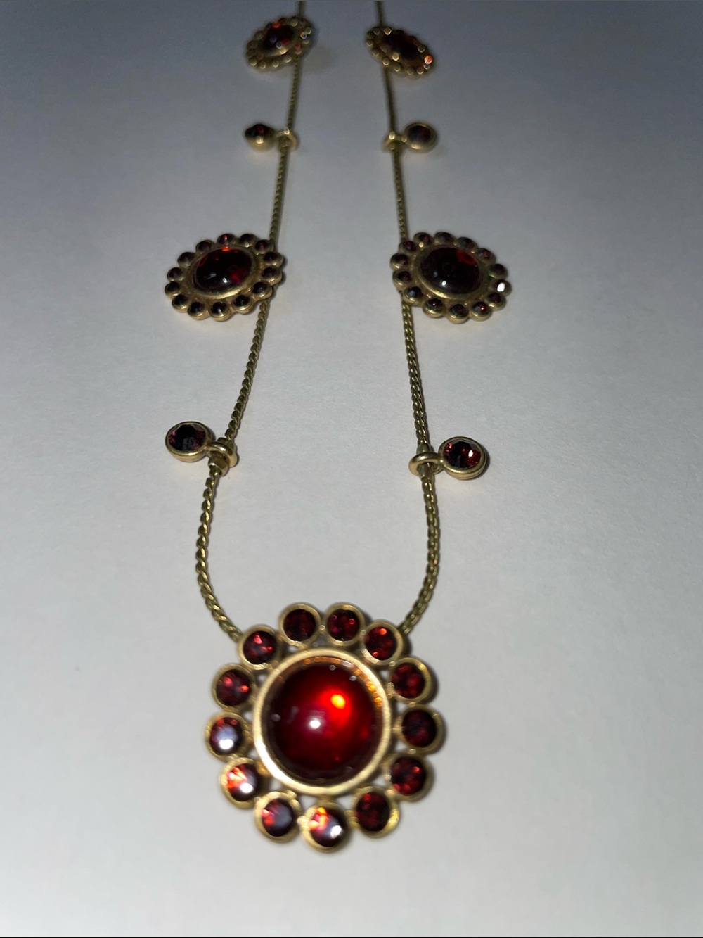 Pilgrim Danish Gold-Tone Red crystal Cabochon Floral Station Necklace. 16”.